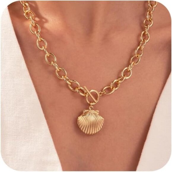 Jewelry - 14K Gold shell-gd Plated Chunky Layered Necklace | Paperclip Herringbone Chain